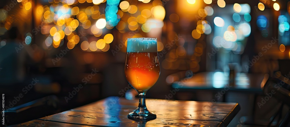 Poster A glass of beer in a dimly lit cafe at night with a blurred bokeh background. with copy space image. Place for adding text or design