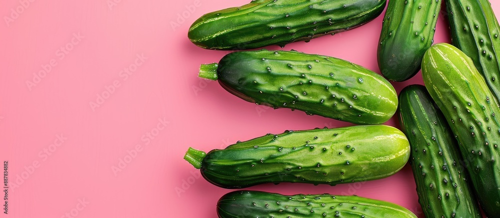 Aufkleber flat lay of fresh ripe cucumbers on a pink background with ample space for text alongside the copy s