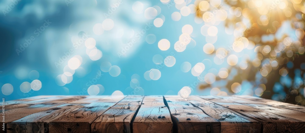 Poster focused on an empty brown wooden table against a blurred blue sky background with bokeh effects perf