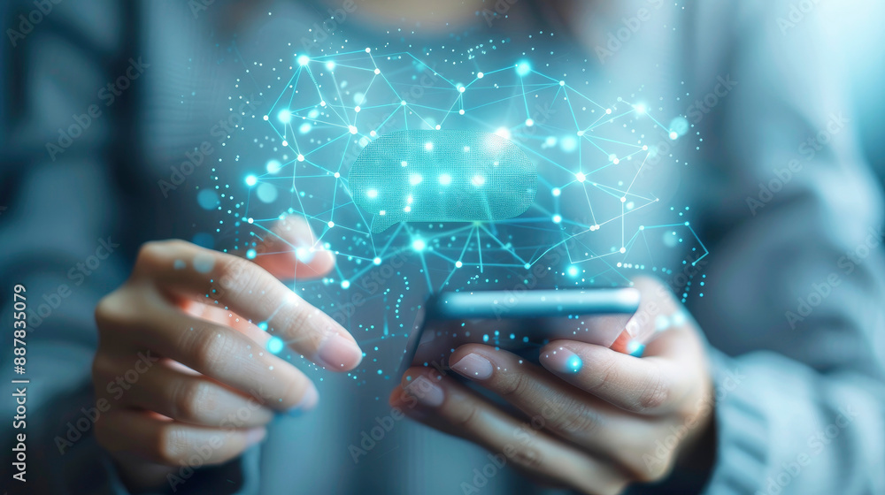Poster image showcasing a person operating a smartphone with a visual representation of a network or digita