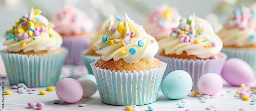 Leinwandbilder easter themed cupcakes featured with selective focus on a horizontal white backdrop allowing space f