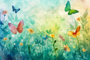 Watercolor Painting of Flowers and Butterflies in a Fairy Garden