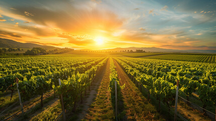 Expansive Vineyard Landscape at Sunrise, Capturing the Beauty of Wine Country with Rolling Hills and Vibrant Green Vines