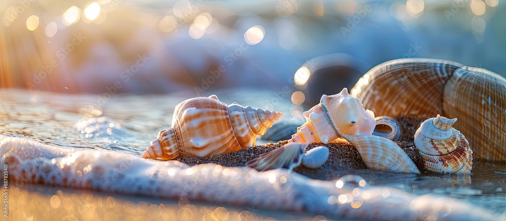 Poster Attractive seashells near the ocean on a natural setting with copy space image