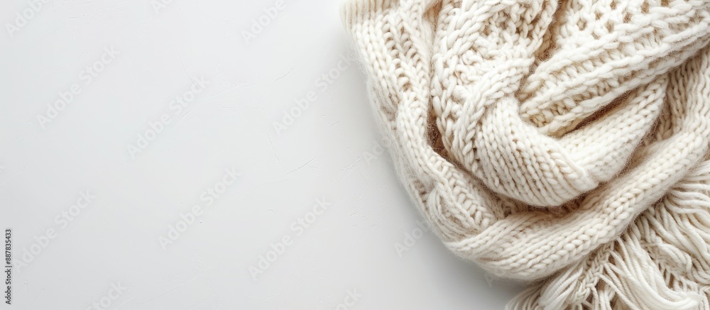Poster white knitted wool item on white backdrop perfect for autumn or winter ambiance with available copy 