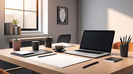 Fototapeta premium A sleek, minimalist office desk with a laptop, a cup of coffee, and some neatly arranged stationery, set against a contemporary office backdrop