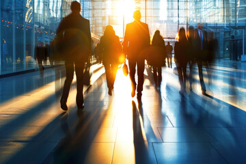 A group of people walk through a modern terminal with sunlight streaming in through the glass, casting long shadows on the floor, creating a dynamic scene.