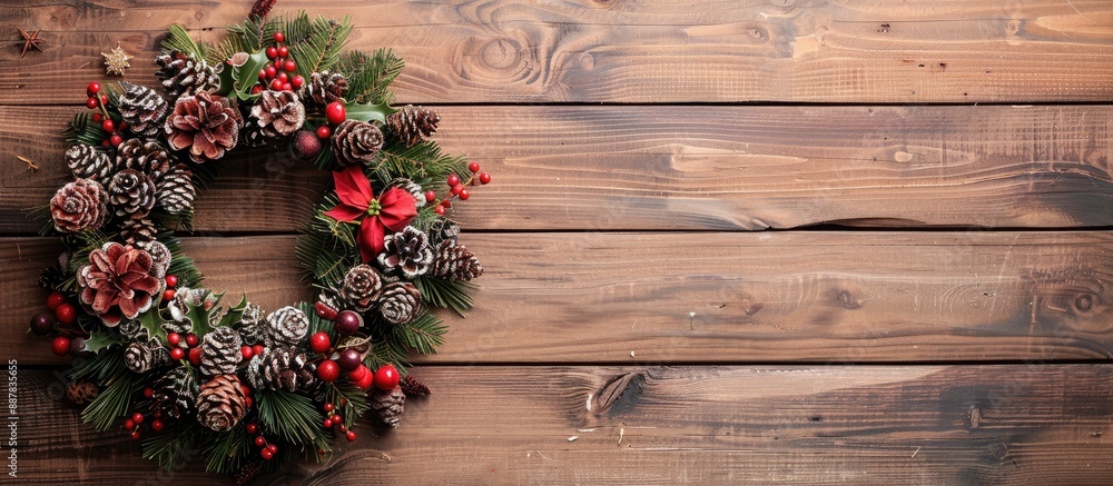 Aufkleber top view of a christmas wreath decoration on a wooden background with copy space image
