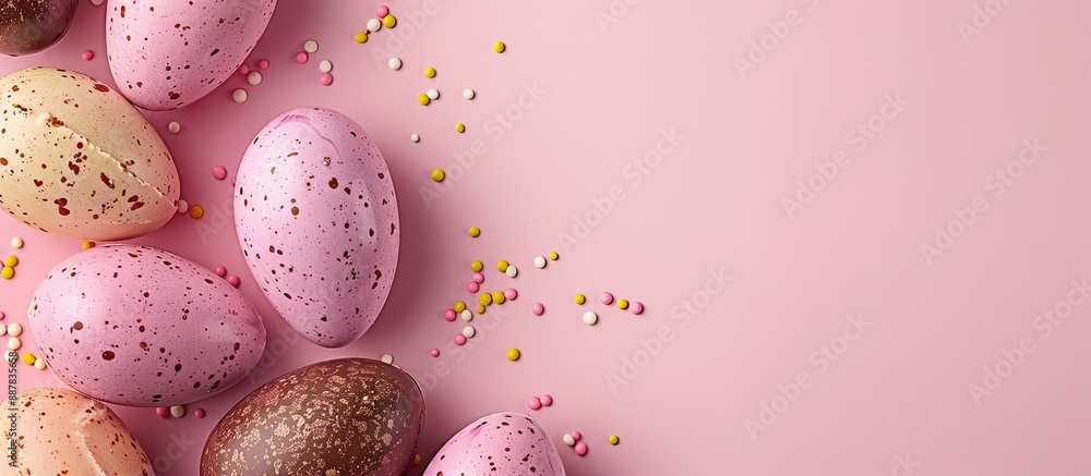 Poster vibrant easter chocolate eggs displayed flat on a pink background create a stylish easter layout ide