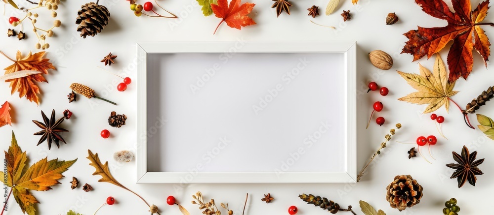 Aufkleber autumn theme with a blank mock up photo frame surrounded by natural elements like leaves flowers pin