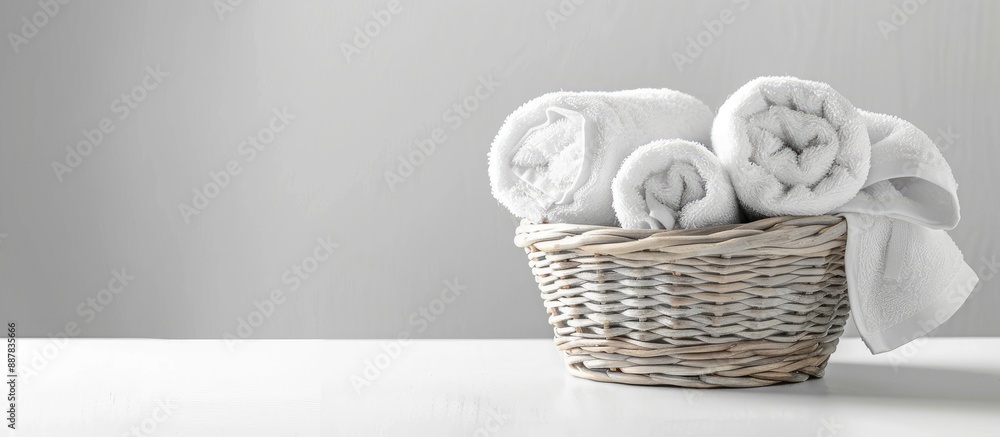 Poster White towels neatly rolled in a basket on a white table with a copy space image
