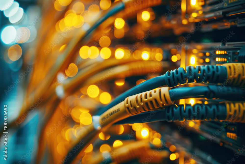 Poster high-tech image of network cables connected to servers in a glowing, busy data center showcasing mod