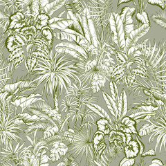 Seamless pattern with tropical leaves on green background. Exotic botanical background. Hand drawn vector illustration. © JeannaDraw