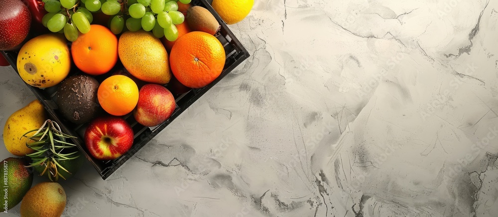 Poster Light grey table with an assortment of exotic fruits in a crate seen from above ideal for adding text Great copy space image