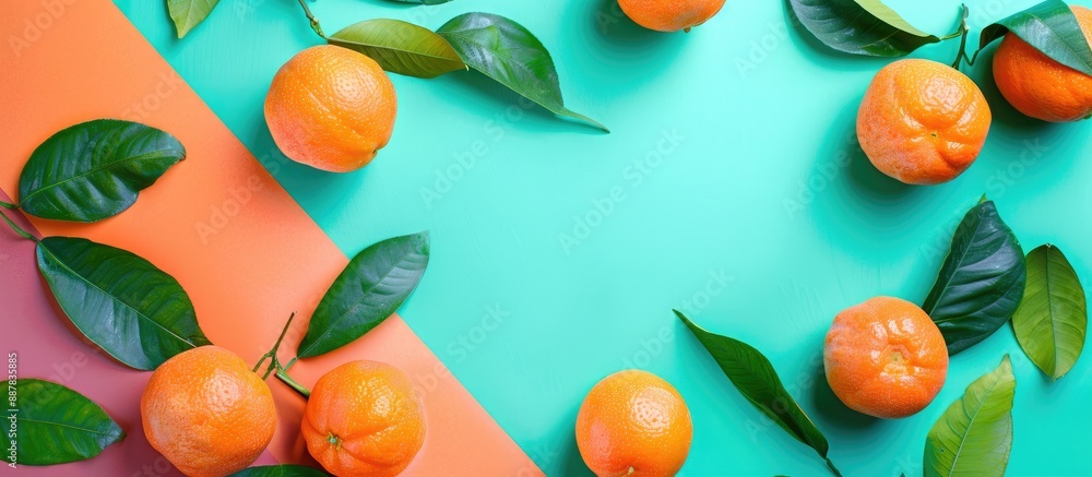 Poster flat lay composition featuring tangerines and leaves on a colorful background with copy space image 