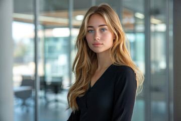 Confident young woman standing in a modern, glass-walled office space, epitomizing professionalism and contemporary work environments.