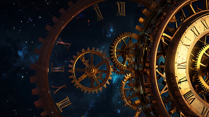 Obraz premium a universe where planets and stars are interconnected by massive gears and clock mechanisms, suggesting that time drives the cosmos