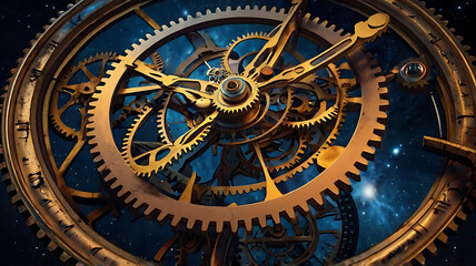 Obraz premium a universe where planets and stars are interconnected by massive gears and clock mechanisms, suggesting that time drives the cosmos