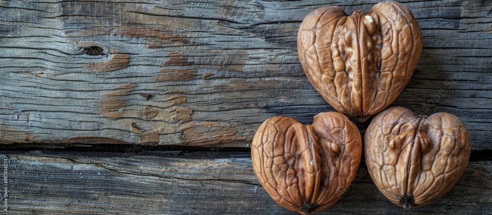 Poster close up of heart shaped cracked walnuts on a wooden background with copy space image available avai