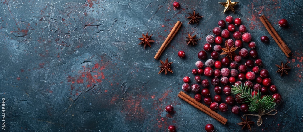 Aufkleber top view of a christmas tree crafted from frozen cranberries cinnamon sticks and anise star on a dar