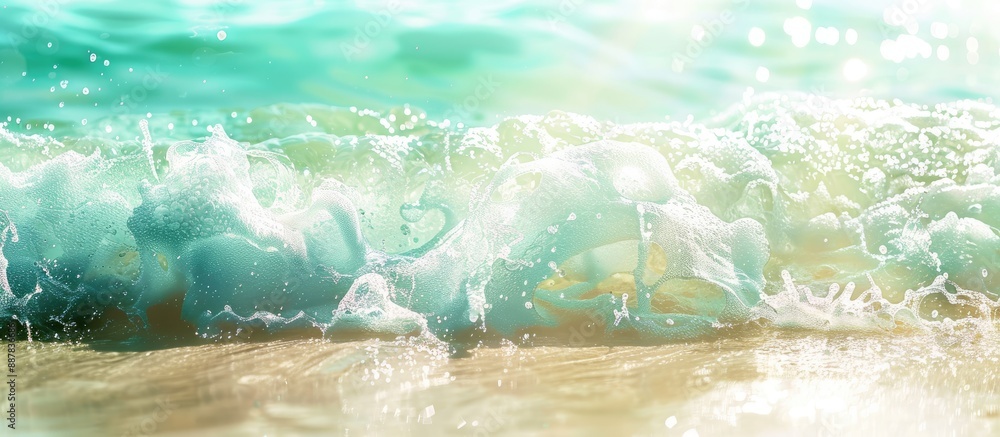 Poster Abstract seaside background with mint waves in sunlight and a copy space image for cosmetic ads like moisturizer or micellar emulsion