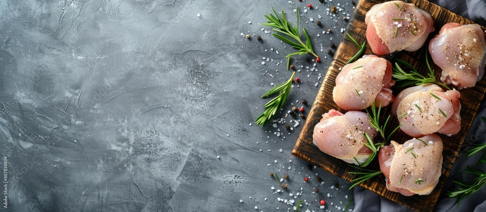 Poster raw chicken thighs arranged on a chopping board with a gray background in a top view allowing for co