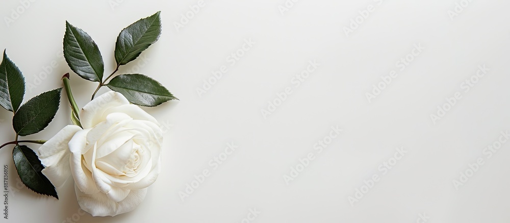 Poster white rose displayed on a white backdrop with copy space image available