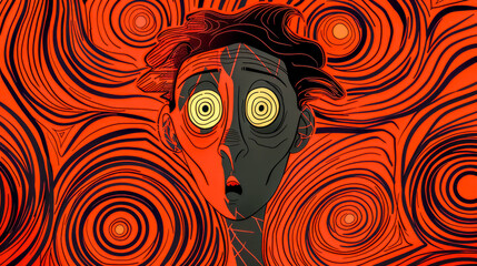 Man experiencing vertigo dizziness and anxiety with swirling red background