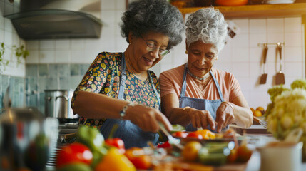 Two elderly black women in aprons are in the kitchen preparing food. A couple of old lesbians are cooking a vegetable salad. 