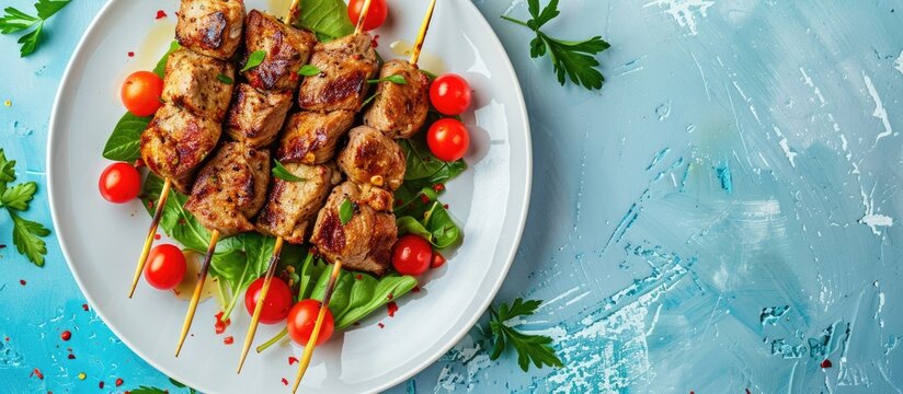 Delicious Turkish kebab served on a white plate with a blue background perfect for a dinner concept with copy space image