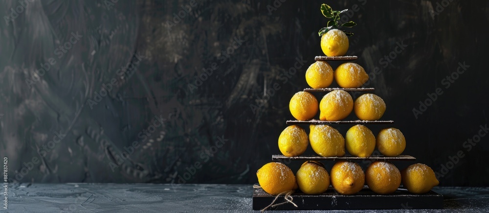 Poster A Christmas tree made of sugared lemons on a black backdrop with copy space image