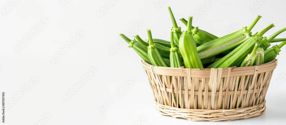 Poster raw okra in a basket isolated on a white background with horizontal orientation and space for text o