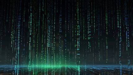 Visualize a digital world where binary code rains down like the Matrix, transforming into digital coins and online transactions