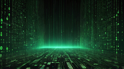 Visualize a digital world where binary code rains down like the Matrix, transforming into digital coins and online transactions