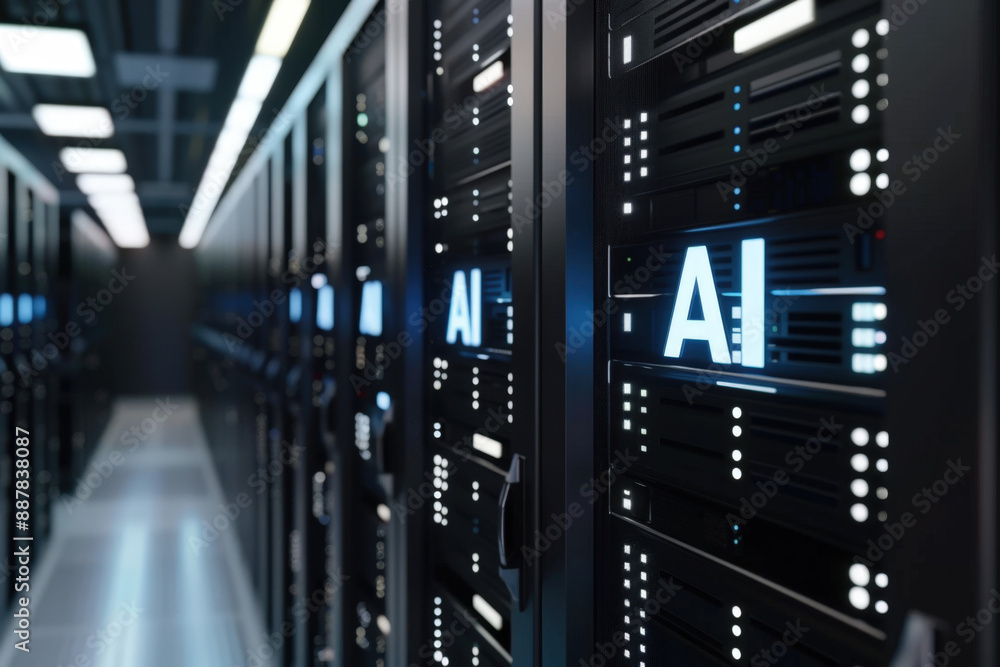 Poster server room corridor with glowing ai logos on the server racks, representing the power of artificial