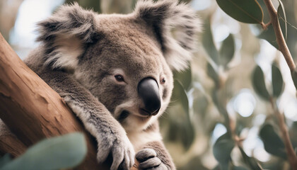 Obraz premium koala sleeping in a eucalyptus tree, warm afternoon 