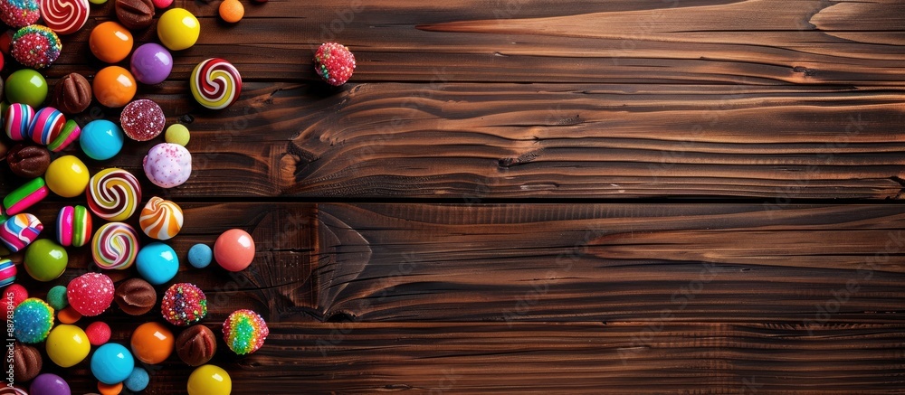 Poster a wooden backdrop featuring an array of vibrant candies ideal for copy space images