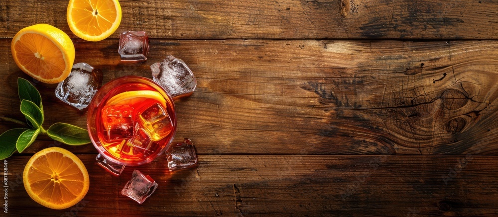 Poster aperol drink with ingredients displayed on a wooden backdrop featuring copy space image
