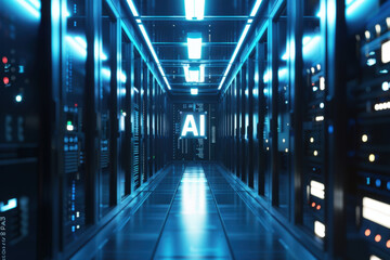 Fototapeta premium Blue illuminated server room hosting high technology equipment for artificial intelligence