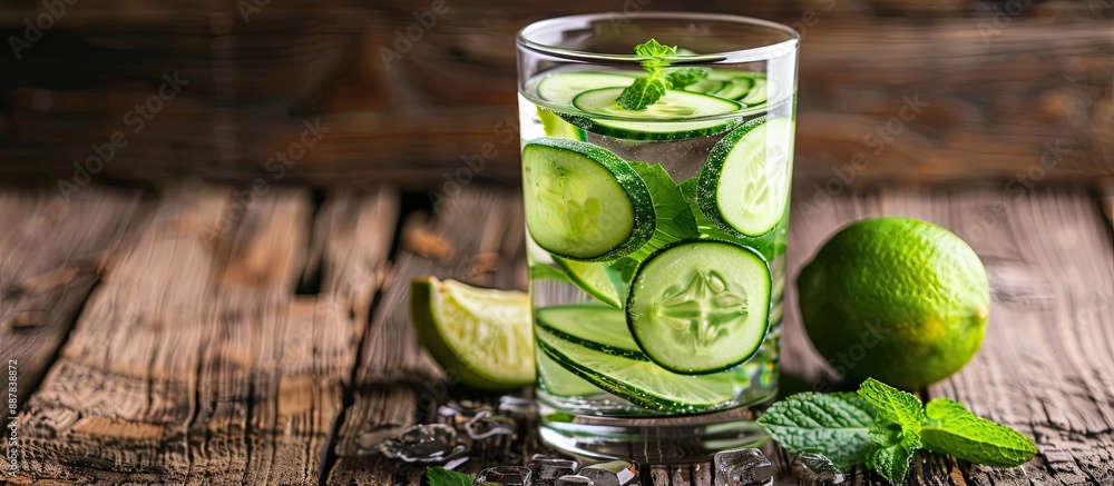 Fototapete a refreshing detox water with cucumber lime and mint displayed on a wooden backdrop ideal for promot