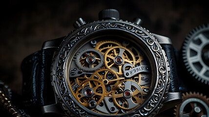 Concept image of an intricate wristwatch with gears and dials indicating different eras and historical periods with copy space