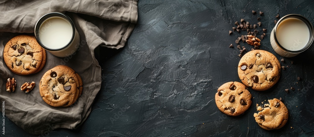 Aufkleber Black background with cookies milk and copy space image