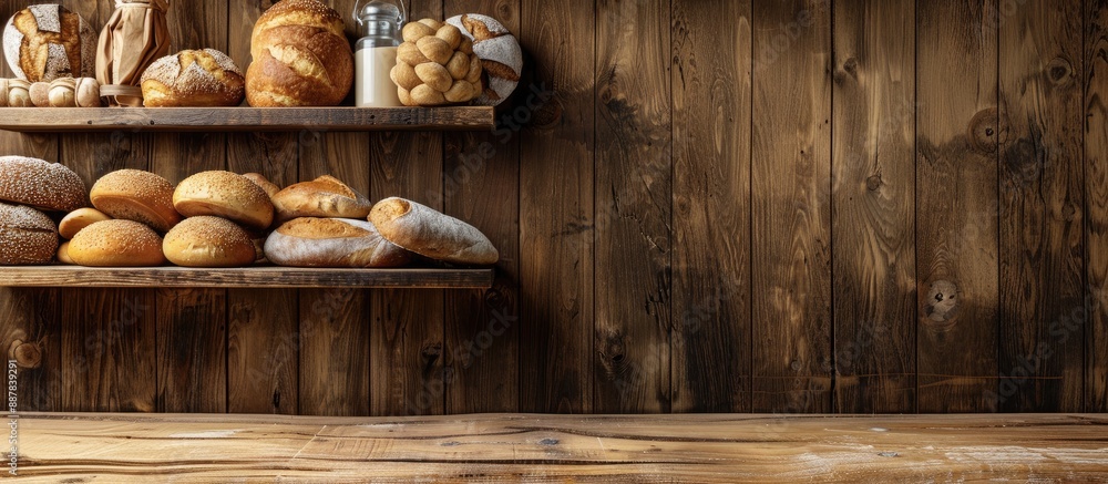 Fototapete Traditional bakery concept with fresh tasty bread displayed on a wooden shelf emphasizing a healthy food option with a rustic charm and copy space image