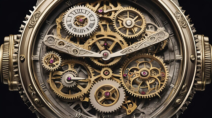 Fototapeta premium Concept image of an intricate wristwatch with gears and dials indicating different eras and historical periods with copy space