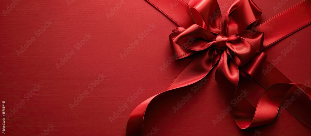 Poster red background with a red ribbon on a gift for a copy space image