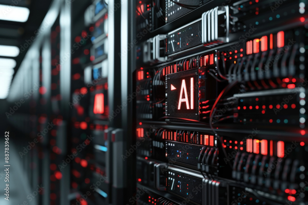 Aufkleber server rack with glowing red lights and an illuminated ai logo, representing the power of artificial