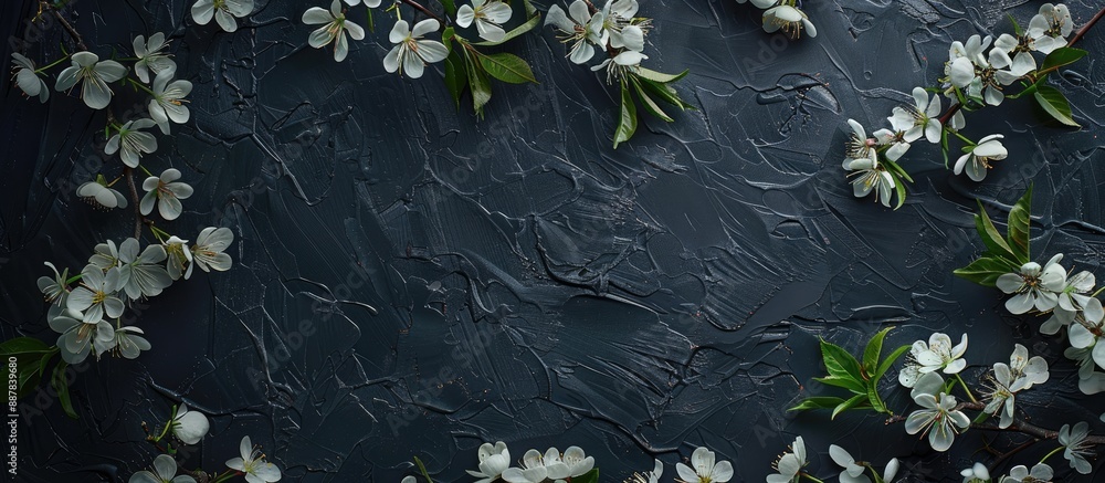 Poster a top down view of blossoming spring branches against a dark backdrop providing a clear copy space i