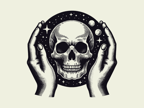 Skull in hands. Night starry sky.  Isoteric, occult, magical vector illustration. vintage black engraving, emblem, logo. tattoo sketch, print	