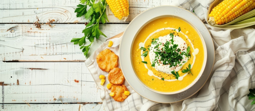 Poster top down view of a white plate holding homemade corn cream soup garnished with sour cream and herbs 