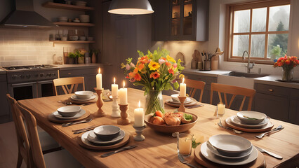 Fototapeta premium A wooden dining table set in a cozy kitchen, adorned with a home-cooked meal, candles, and a vase of fresh flowers